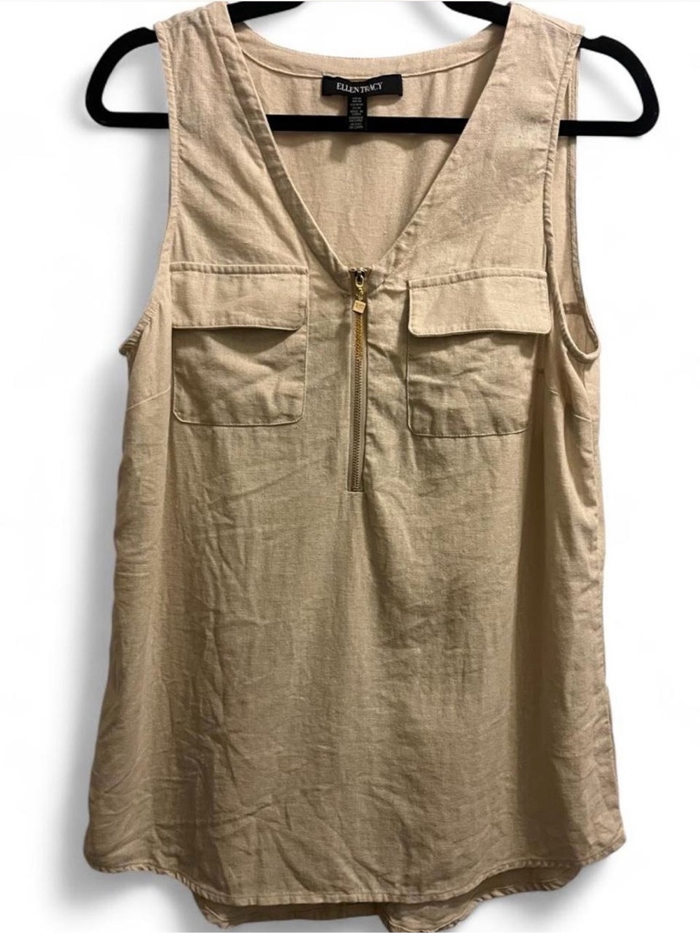 Ellen Tracy Beige Sleeveless Zip-Pocket Tank